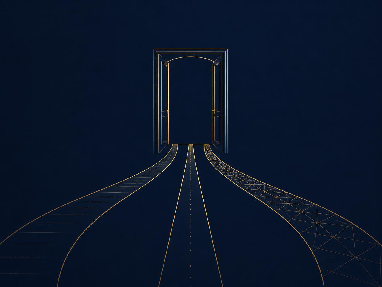 Line illustration of an open doorway with three pathways leading away from it